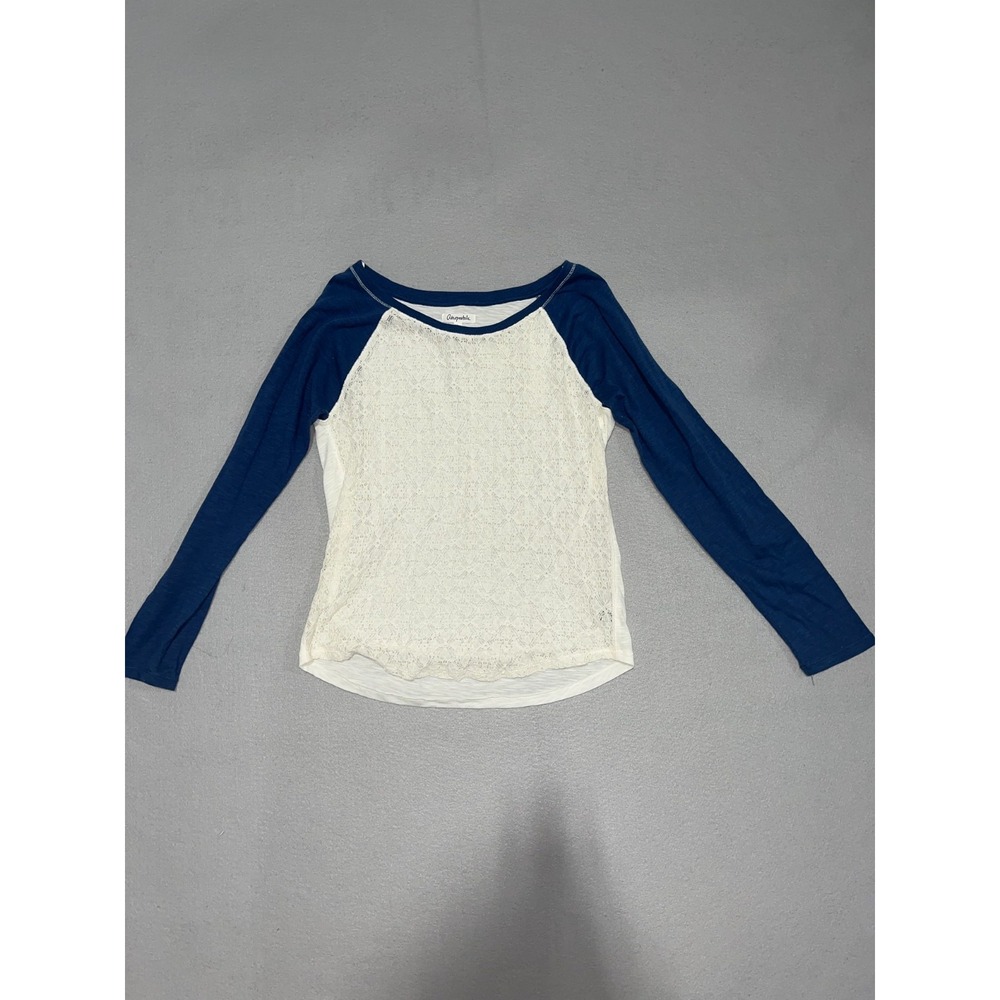 Aeropostale Blouse Top Womens Large Blue White Floral Lace Front Boat Neck